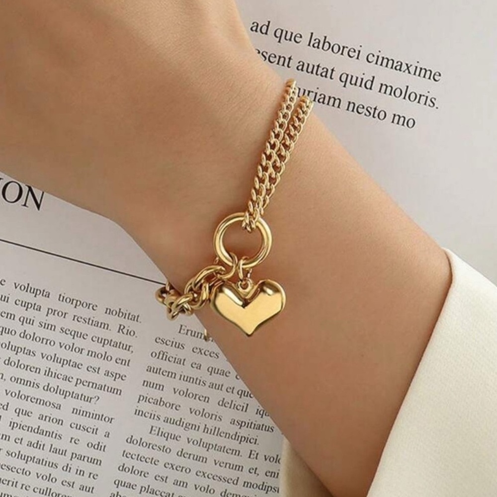 Gold Plated Stainless Steel Heart Charm Bracelet